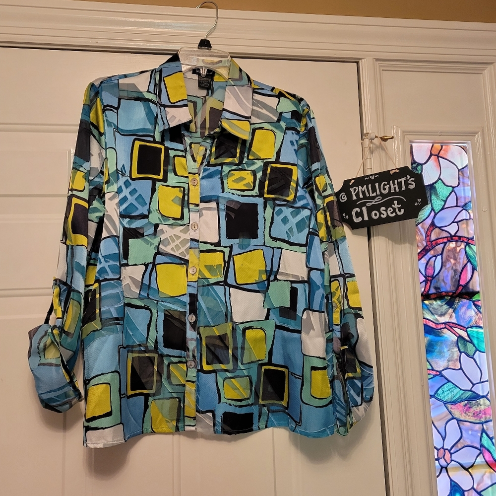 West End Large Top Geometric long Sleeve Sheer Black Teal Blue Lime Green